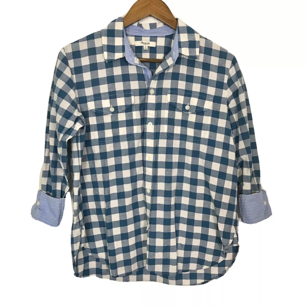 Madewell Blue White Plaid Checked Blouse Top Cotton Button Front Preppy 80s